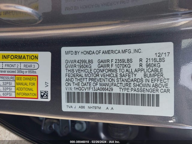 Honda ACCORD LX 2018 1HGCV1F13JA066429 Image 9