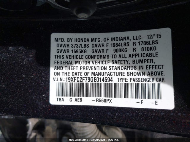 Honda CIVIC EX 2016 19XFC2F79GE014594 Image 9