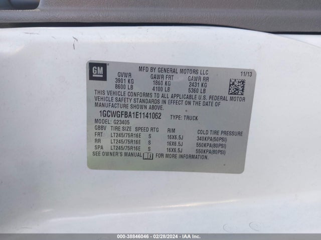 Chevrolet Express 2500 Work Van 2014 1GCWGFBA1E1141062 Image 9