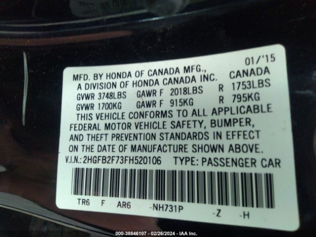 2HGFB2F73FH520106 Honda CIVIC SE
