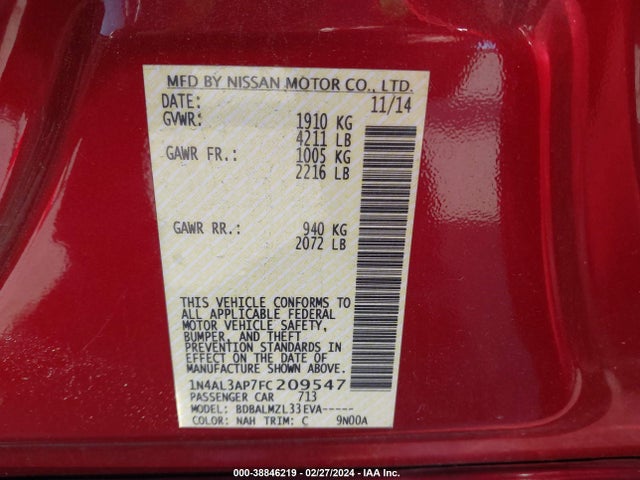 Nissan Altima 2.5 Sv 2015 1N4AL3AP7FC209547 Image 9