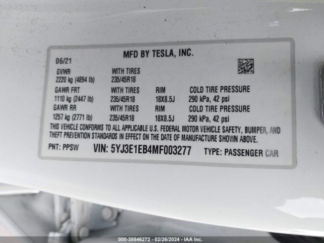 2021 TESLA MODEL 3 5YJ3E1EB4MF003277 Photo 8