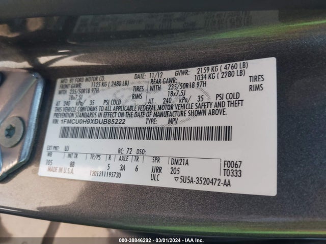 2013 FORD ESCAPE SEL VIN: 1FMCU0H9XDUB85222