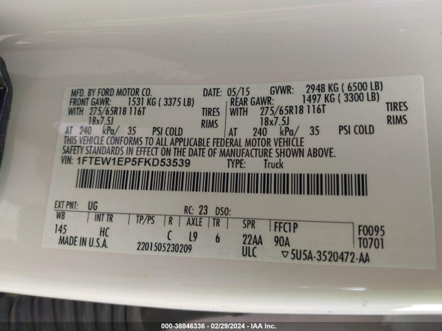 Ford F-150 Lariat 2015 1FTEW1EP5FKD53539 Image 9