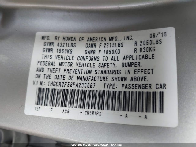 Honda Accord Sport 2015 1HGCR2F58FA206687 Image 9