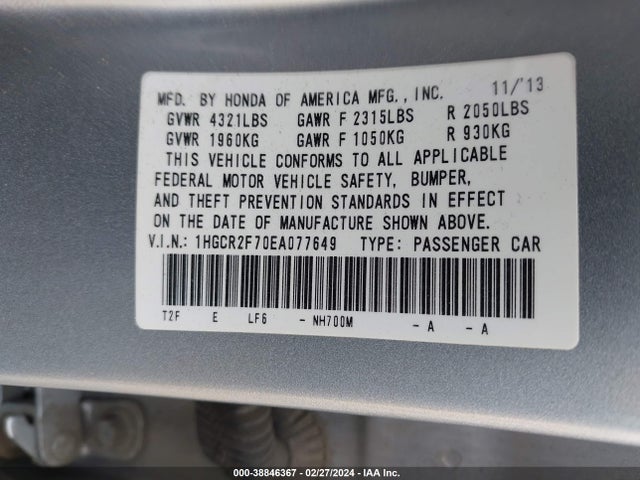Honda ACCORD EX 2014 1HGCR2F70EA077649 Image 9
