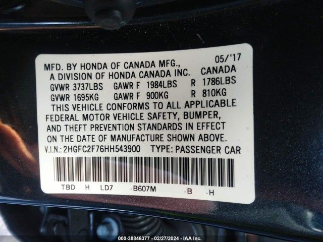 Honda CIVIC EX 2017 2HGFC2F76HH543900 Image 9