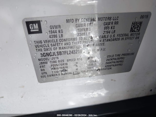 Chevrolet Trax Lt 2015 3GNCJLSB7FL243219 Image 9