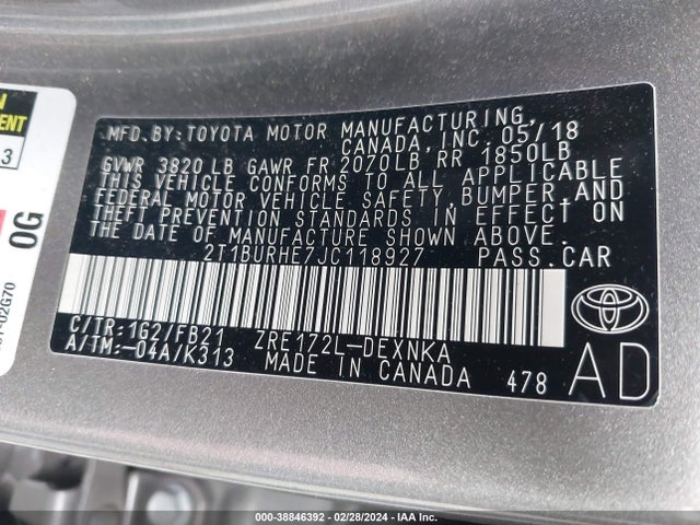 Toyota COROLLA LE 2018 2T1BURHE7JC118927 Image 9