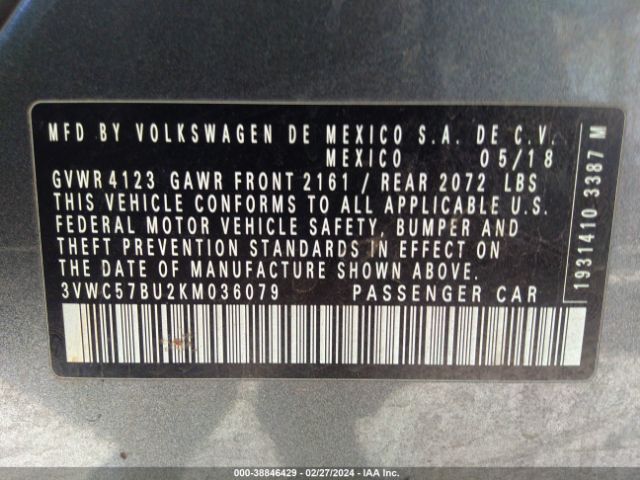 3VWC57BU2KM036079 Volkswagen Jetta 1.4t R-line/1.4t S/1.4t Se