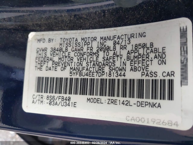 2013 TOYOTA COROLLA LE VIN: 5YFBU4EE7DP181344