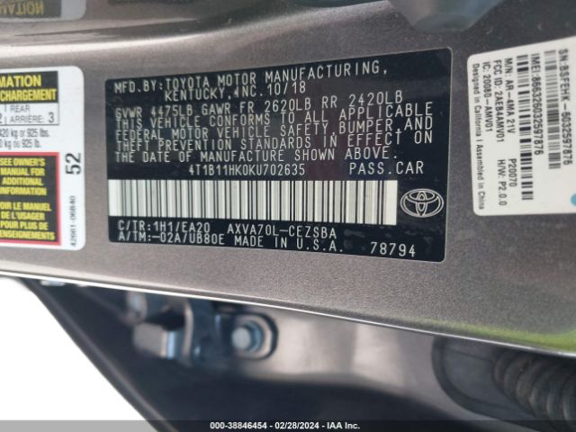 4T1B11HK0KU702635 Toyota CAMRY SE