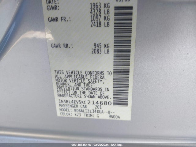 Nissan Altima 2.5 Sl 2019 1N4BL4EV5KC214680 Image 9