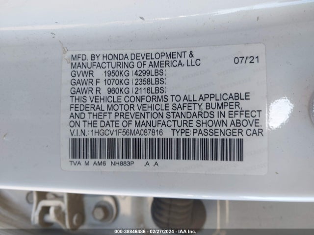 Honda Accord Ex-l 2021 1HGCV1F56MA087816 Image 9