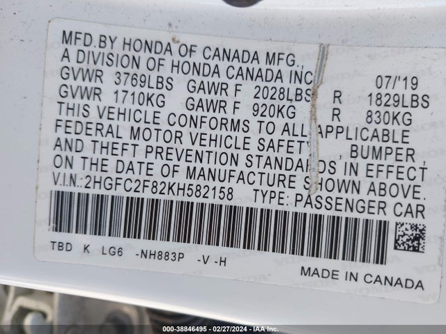 Honda Civic Sport 2019 2HGFC2F82KH582158 Image 9