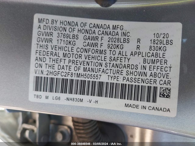 Honda Civic Sport 2021 2HGFC2F81MH505557 Image 9
