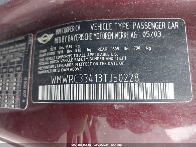 2003 MINI COOPER WMWRC33413TJ50228 Photo 8