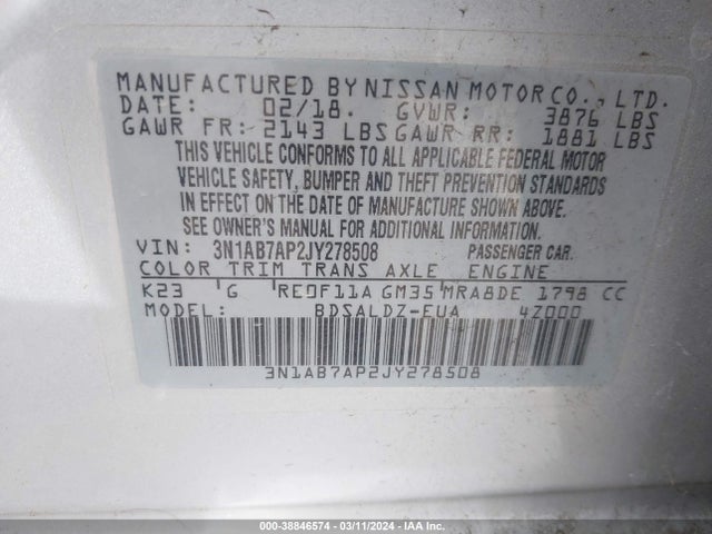 Nissan SENTRA SV 2018 3N1AB7AP2JY278508 Image 9