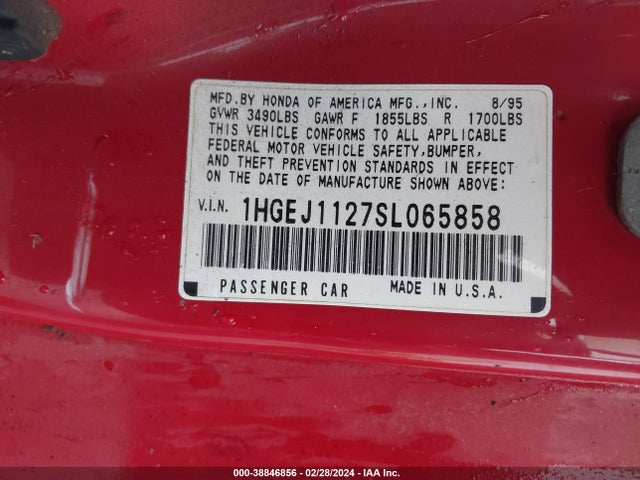 1995 HONDA CIVIC EX VIN: 1HGEJ1127SL065858
