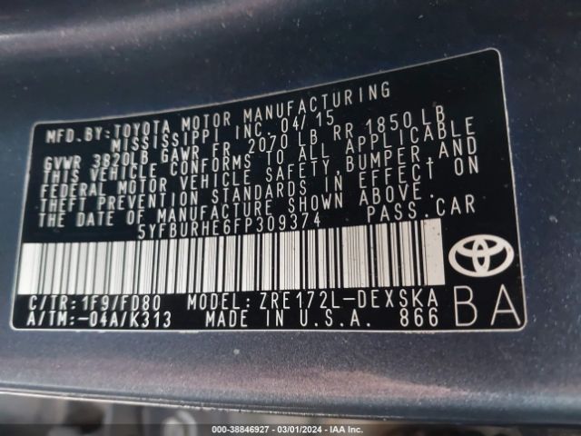 5YFBURHE6FP309374 Toyota Corolla S Plus