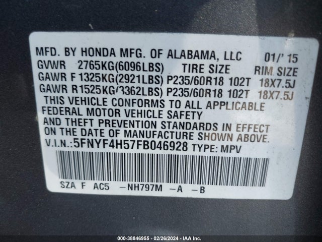 Honda Pilot Ex-l 2015 5FNYF4H57FB046928 Image 9
