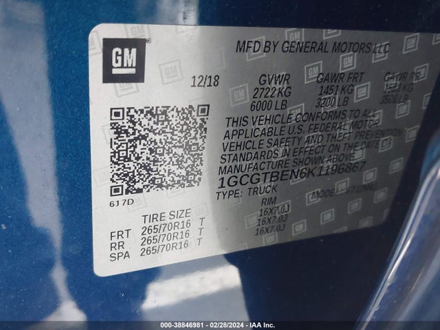 Chevrolet Colorado Wt 2019 1GCGTBEN6K1196867 Image 9