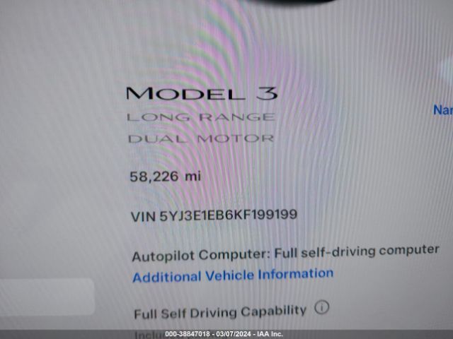 5YJ3E1EB6KF199199 Tesla Model 3 Long Range/performance