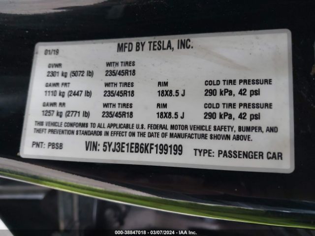 5YJ3E1EB6KF199199 Tesla Model 3 Long Range/performance