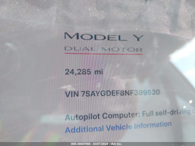 7SAYGDEF8NF389520 Tesla Model Y Performance Dual Motor All-wheel Drive