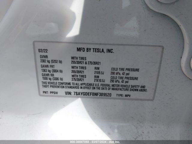 7SAYGDEF8NF389520 Tesla Model Y Performance Dual Motor All-wheel Drive
