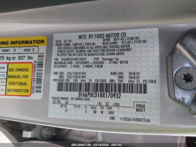 3FA6P0CD1KR170932 Ford FUSION SEL