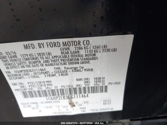 Ford TAURUS SEL 2016 1FAHP2E83GG111464 Image 9