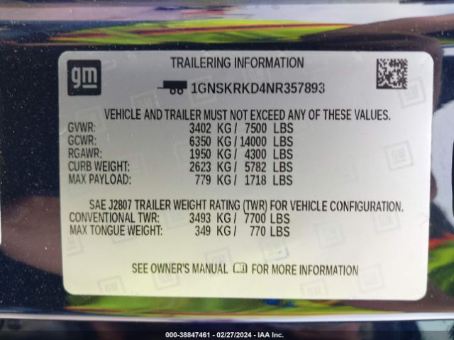 1GNSKRKD4NR357893 Chevrolet Tahoe 4wd Rst
