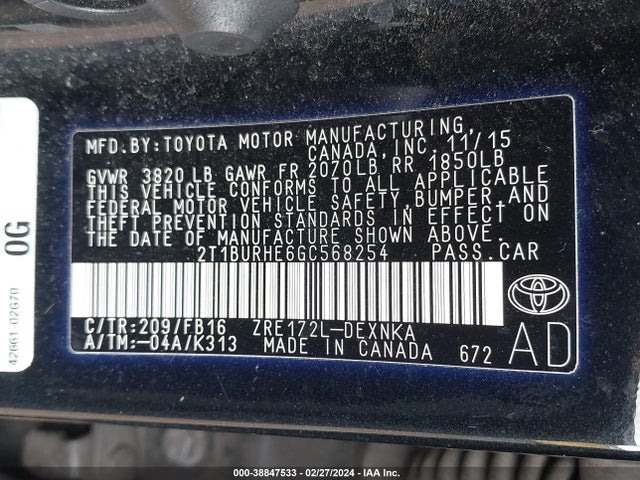 Toyota COROLLA LE 2016 2T1BURHE6GC568254 Image 9