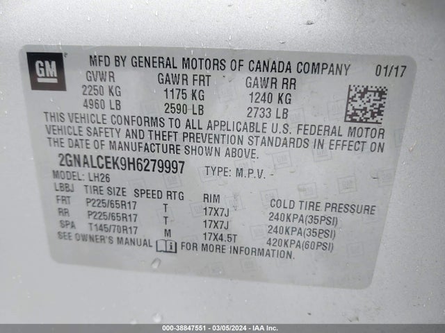 Chevrolet EQUINOX LT 2017 2GNALCEK9H6279997 Image 9