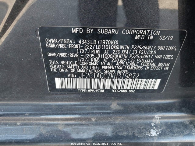 Subaru Crosstrek 2.0i Premium 2019 JF2GTACC7KH319872 Image 9