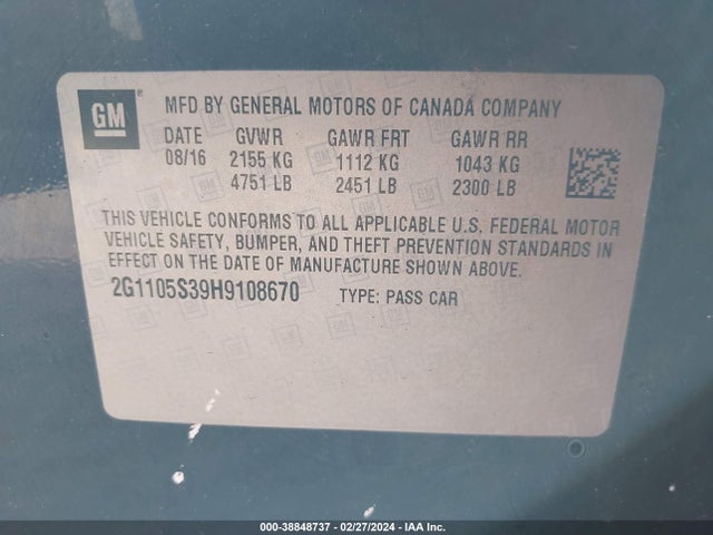 Chevrolet IMPALA 1LT 2017 2G1105S39H9108670 Image 9