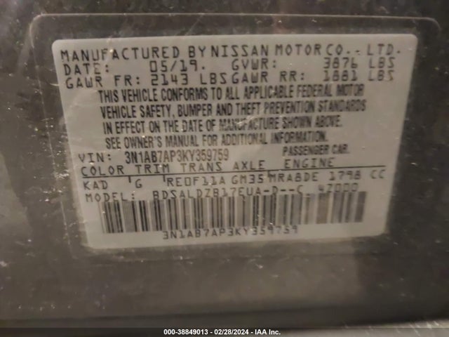 Nissan SENTRA SV 2019 3N1AB7AP3KY359759 Image 9
