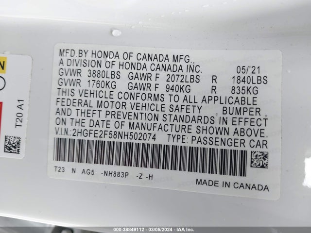 Honda Civic Sport 2022 2HGFE2F58NH502074 Image 9