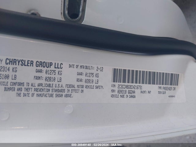 Продаж на аукціоні авто 2012 Chrysler 300 S V6, vin: 2C3CCABG9CH216731, номер лоту: 38849140