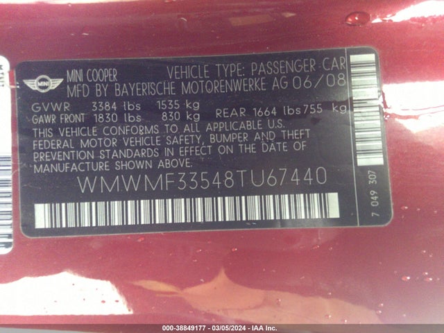 2008 MINI COOPER WMWMF33548TU67440 Photo 8