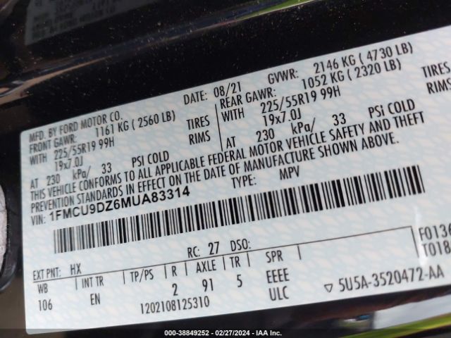 1FMCU9DZ6MUA83314 Ford Escape Titanium Hybrid