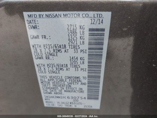 Nissan Pathfinder Sl 2015 5N1AR2MN1FC630754 Image 9