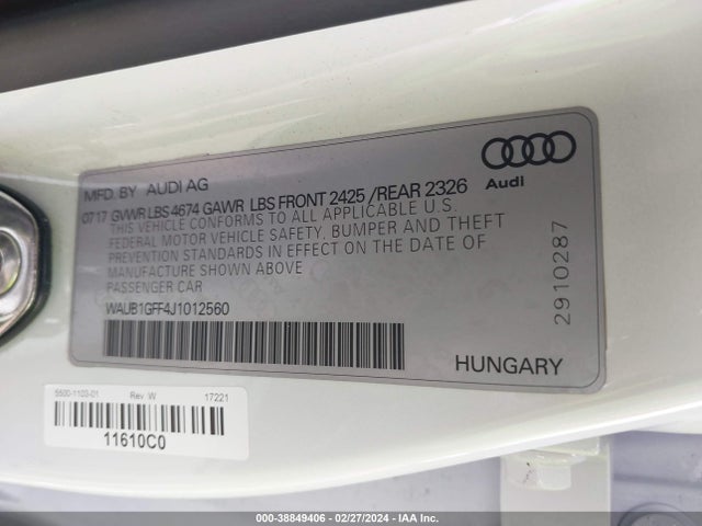 WAUB1GFF4J1012560 Audi S3 2.0t Premium Plus/2.0t Tech Premium Plus