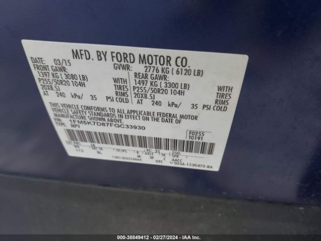 1FM5K7D87FGC33930 Ford EXPLORER XLT