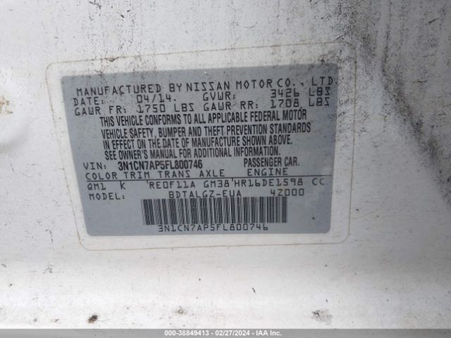 3N1CN7AP5FL800746 Nissan Versa 1.6 Sl