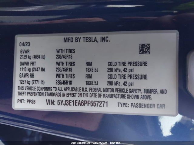5YJ3E1EA6PF557271 Tesla Model 3 Rear-wheel Drive