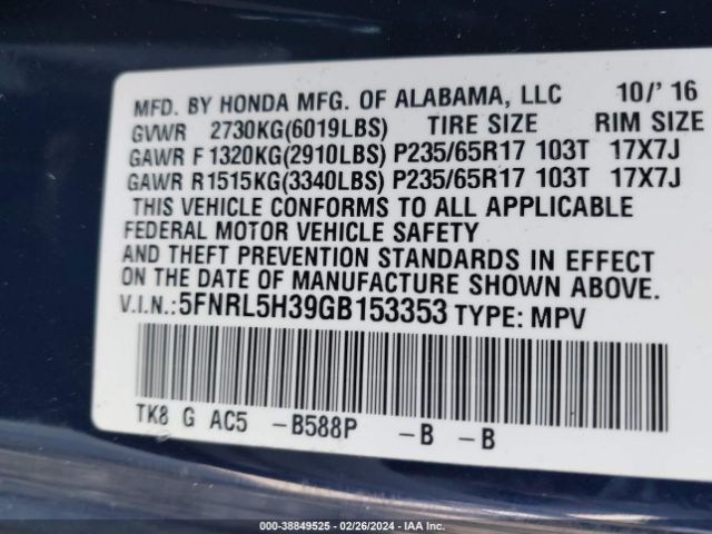 5FNRL5H39GB153353 Honda ODYSSEY SE
