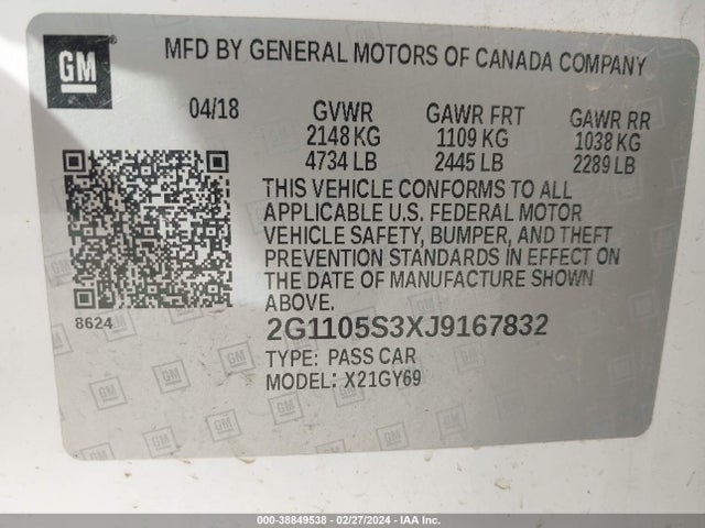 Chevrolet IMPALA 1LT 2018 2G1105S3XJ9167832 Image 9