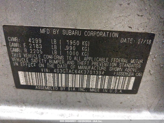 Subaru Impreza 2.0i Premium 2019 4S3GTAC64K3701394 Image 9